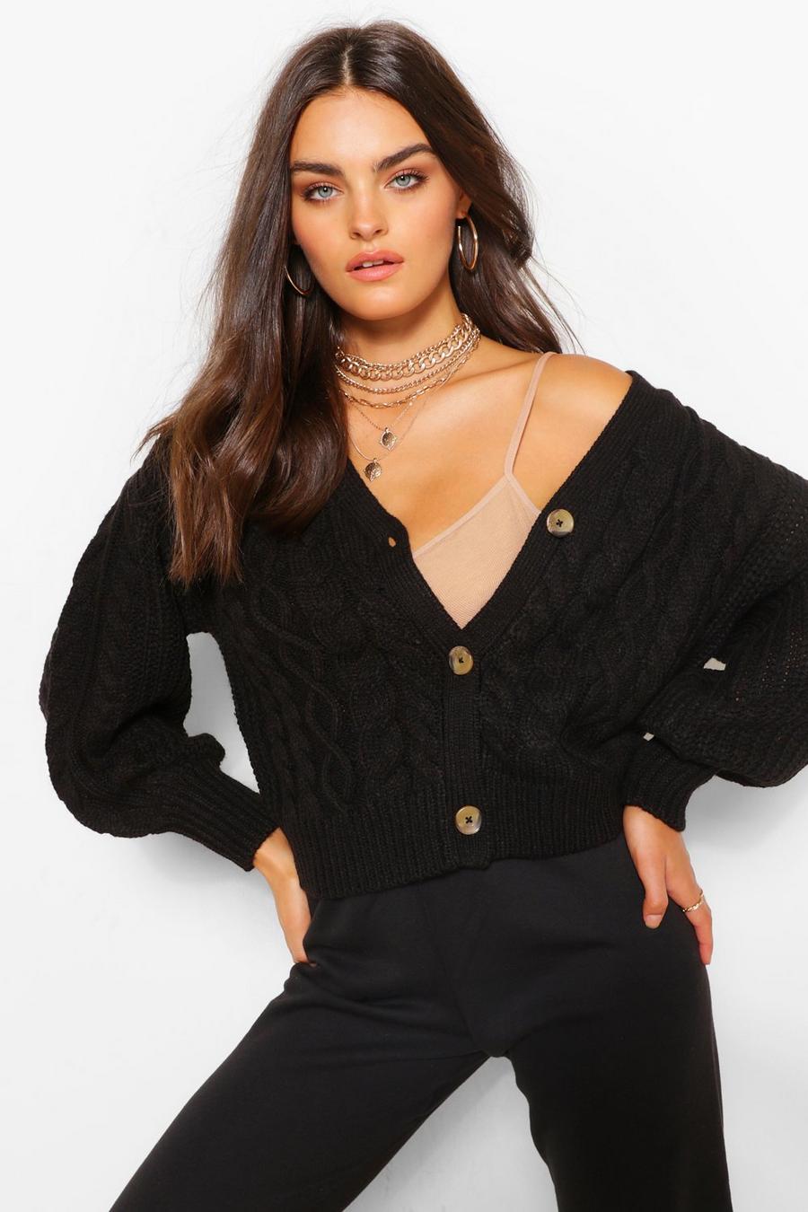 Black Balloon Sleeve Cable Knit Cardigan image number 1