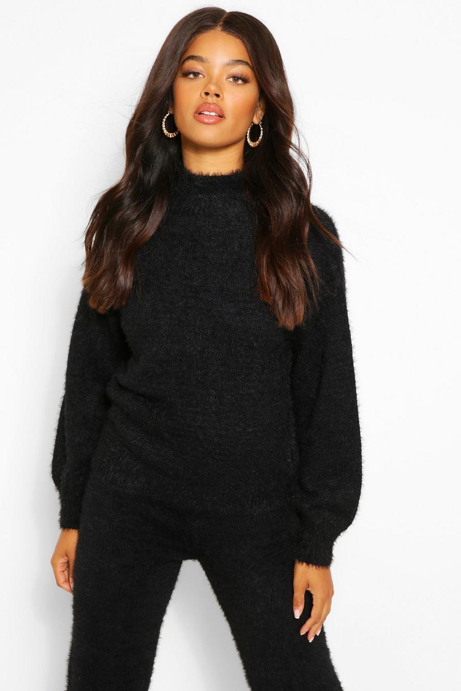 Black Premium Fluffy Knit Balloon Sleeve Sweater image number 1