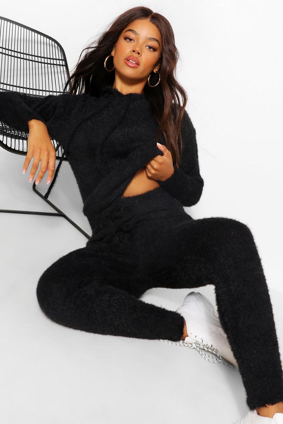 Black Premium Fluffy Hoody Jogger Co-Ord image number 1