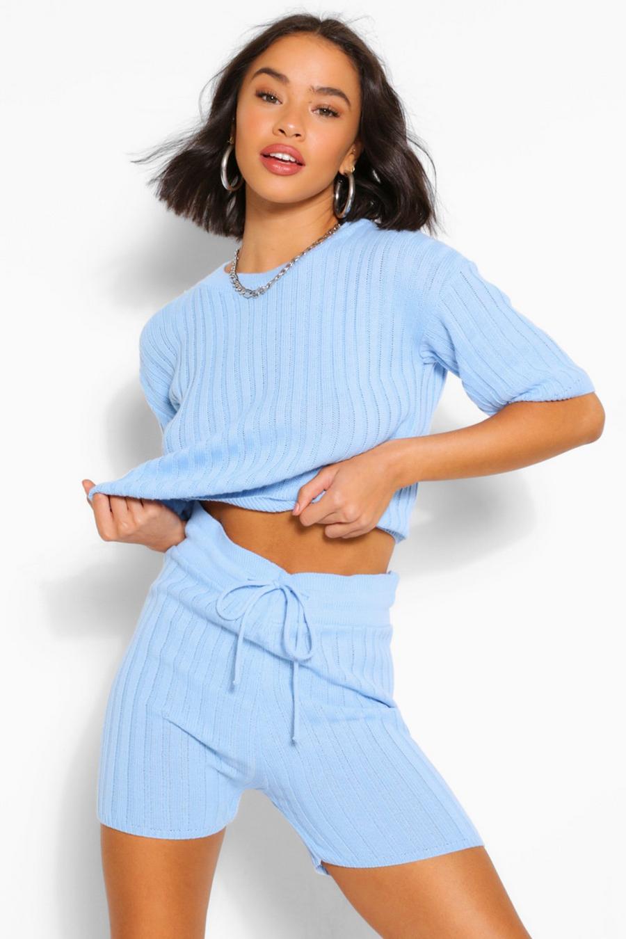 Blue Rib Knit Top  Shorts Co-ord image number 1