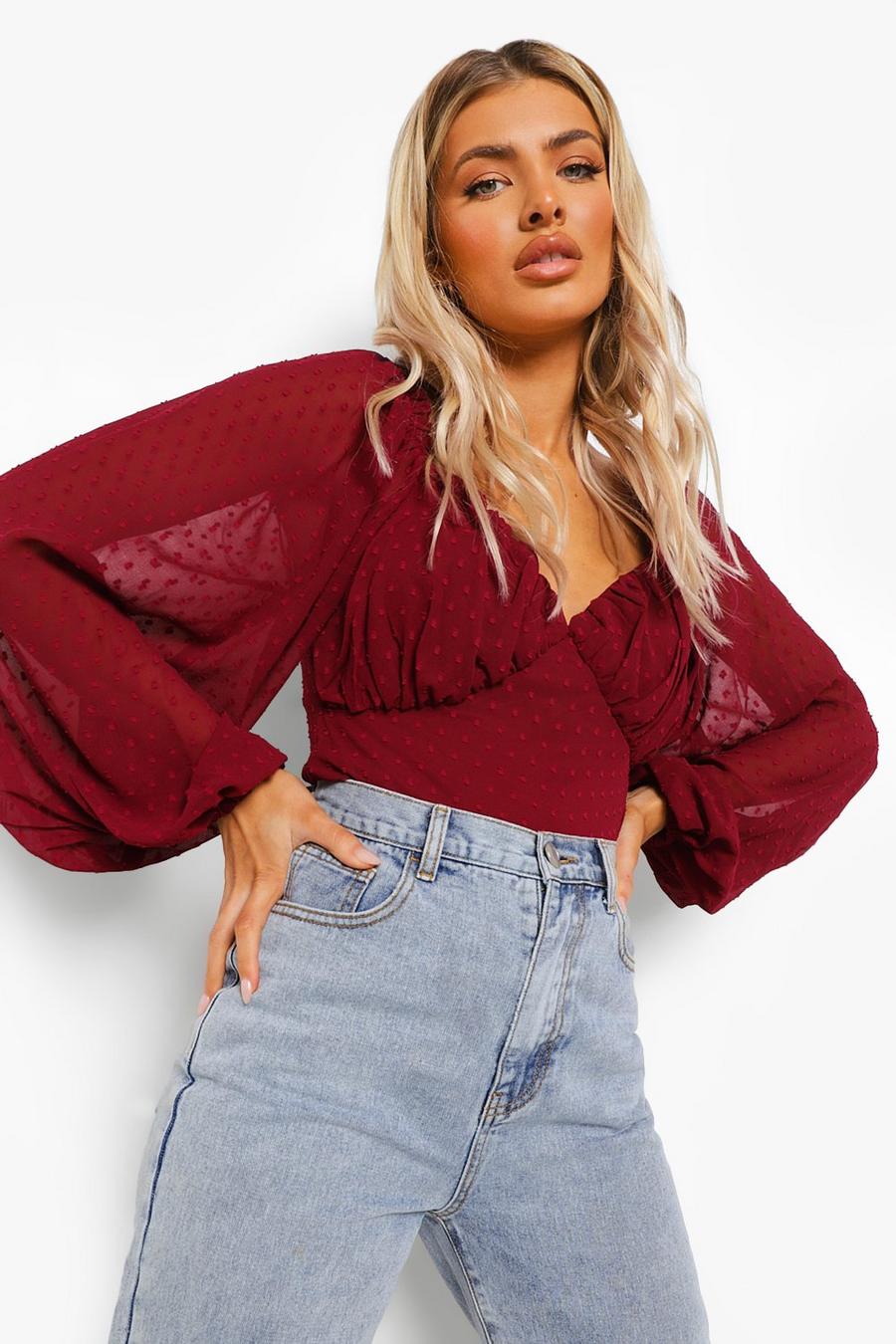 Berry red Dobby Mesh Ruched Cup Detail Blouse