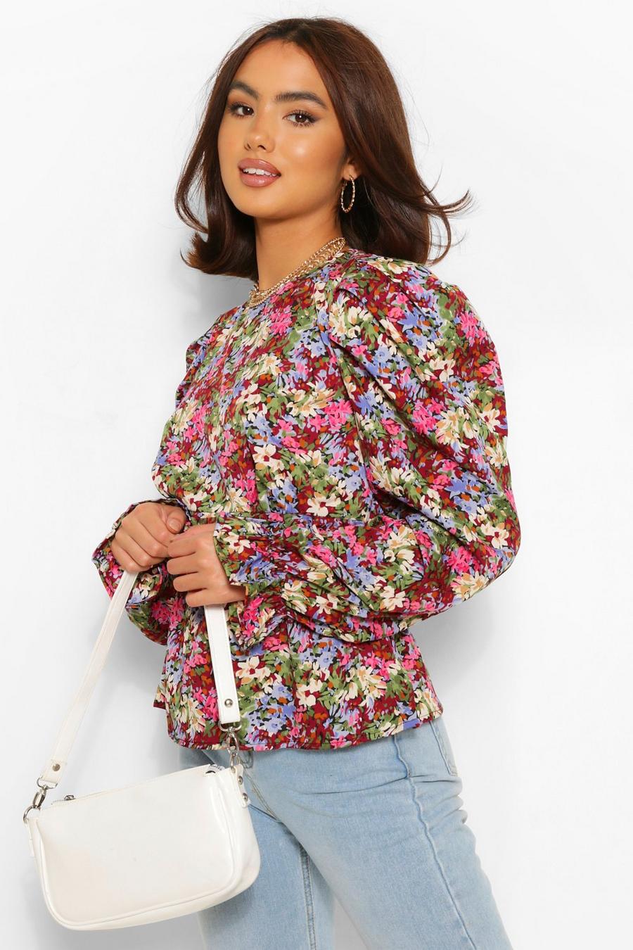 Berry Woven Floral Puff Sleeve Top image number 1