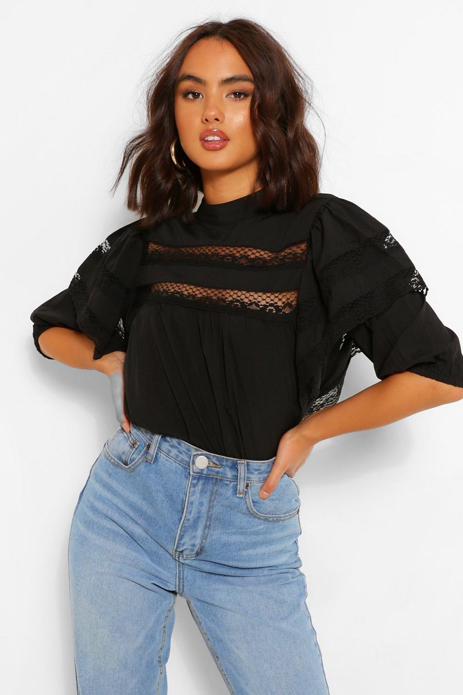 Black Lace Trim Layered Sleeve Smock Top image number 1