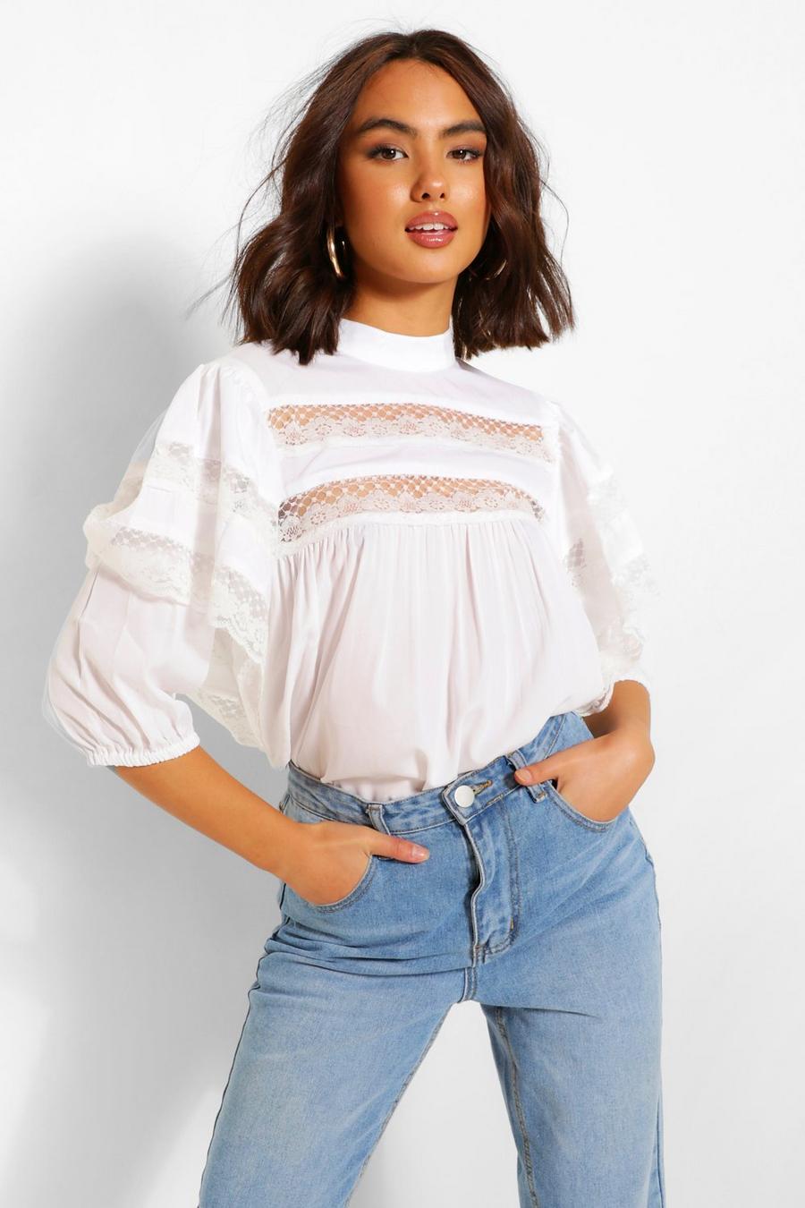 White Lace Trim Layered Sleeve Smock Top image number 1