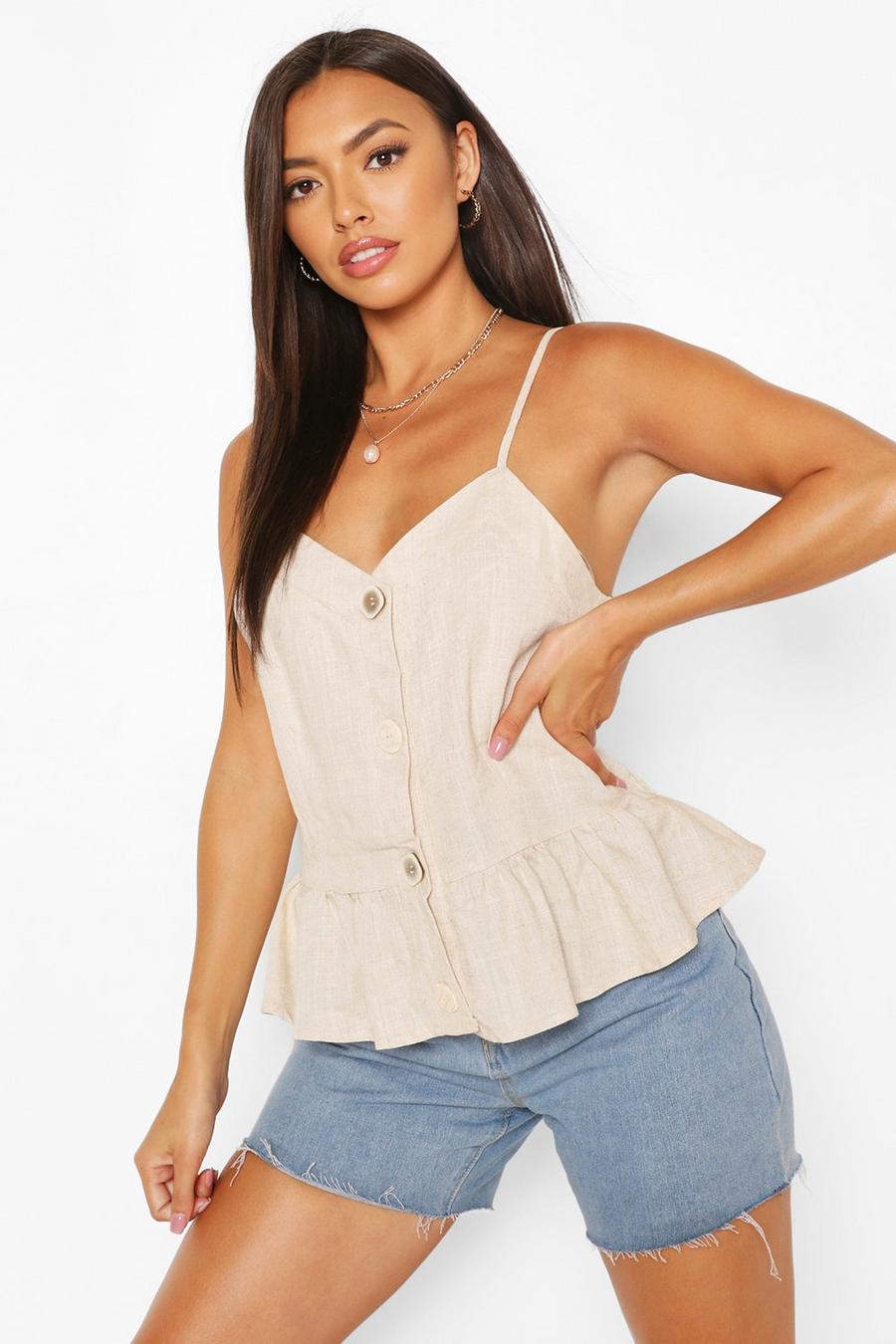 Cream Button Detail Woven Peplum Cami Top image number 1
