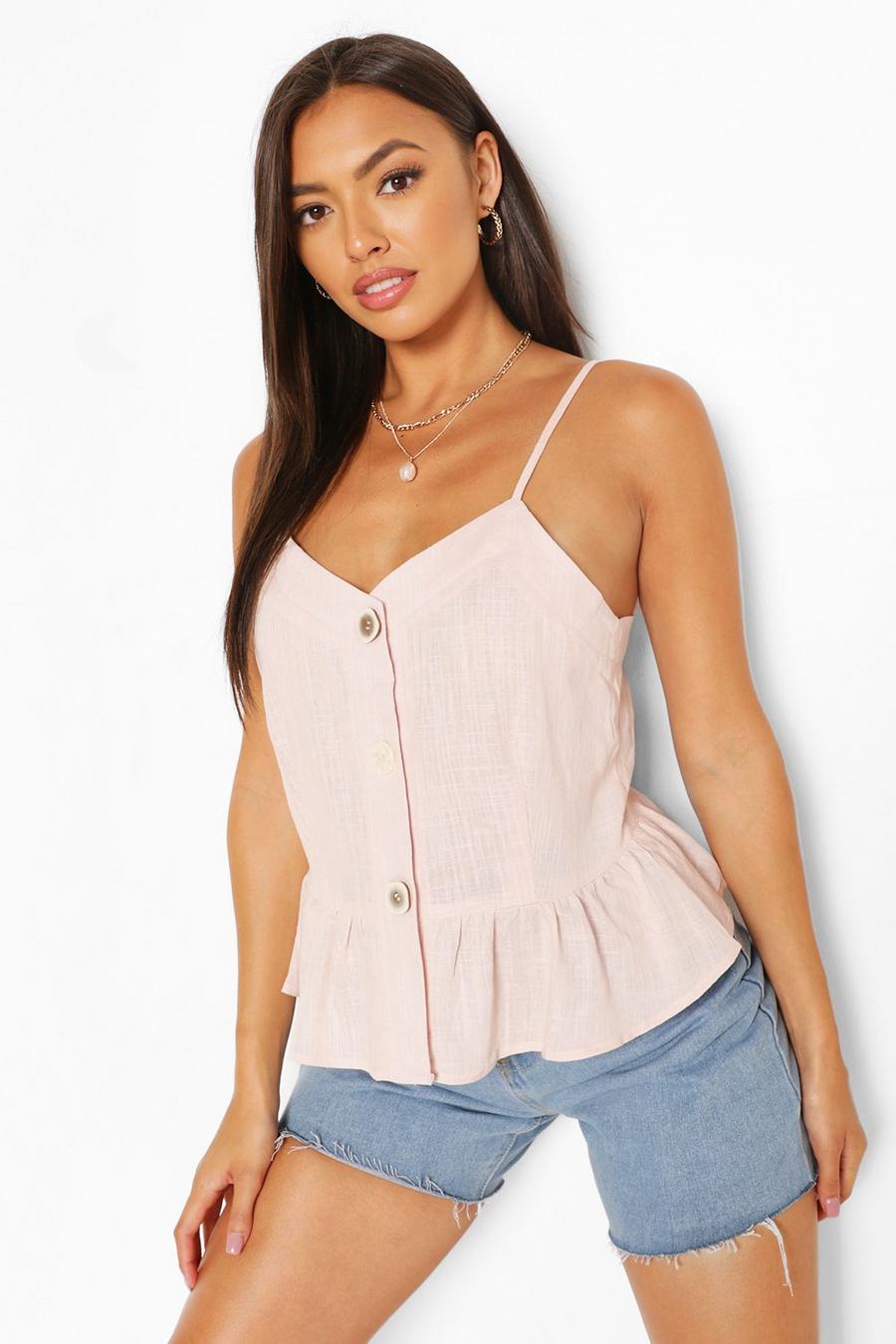Pink Button Detail Woven Peplum Cami Top image number 1