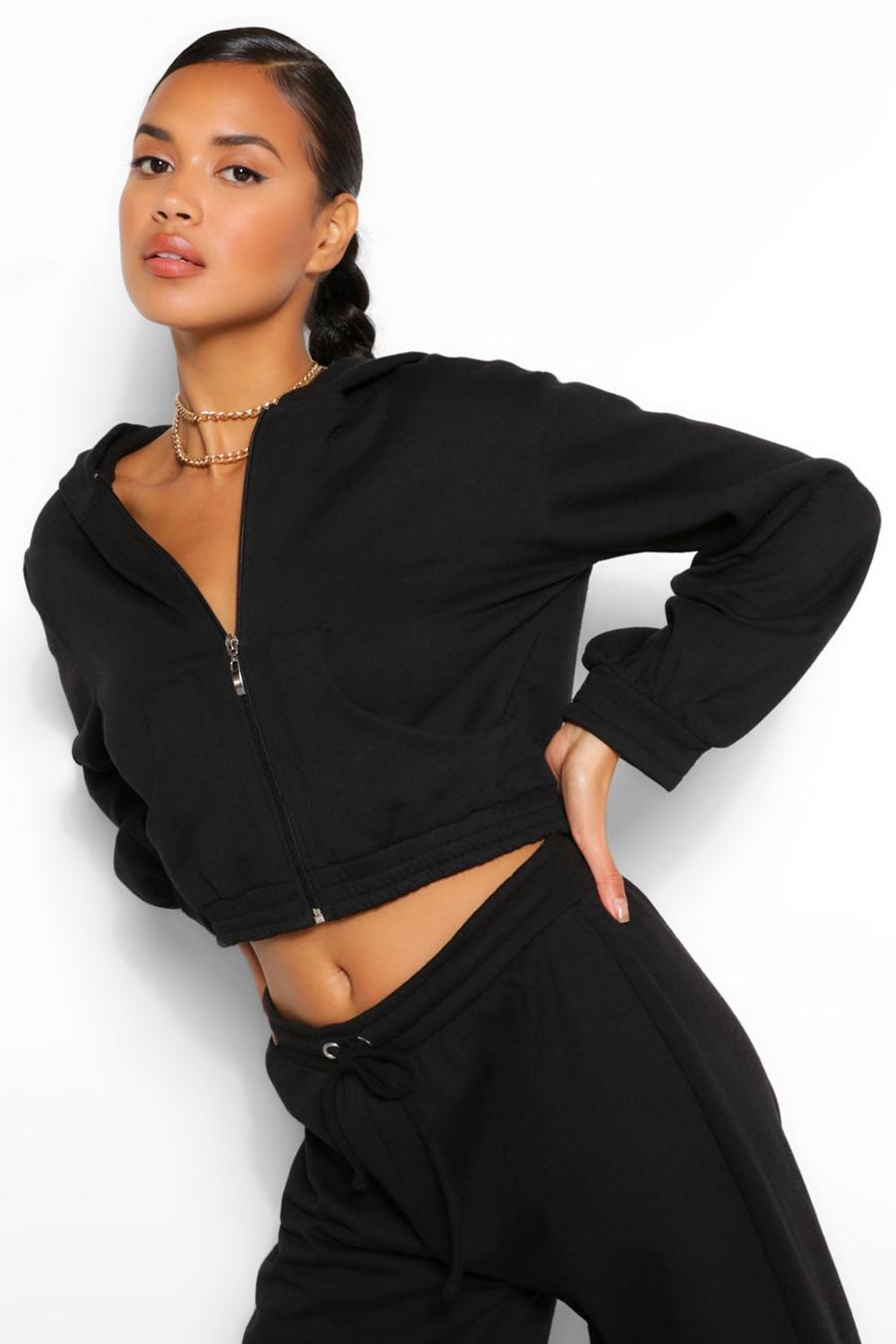 Black Mixa & Matcha Kort hoodie med dekorativa fickor image number 1