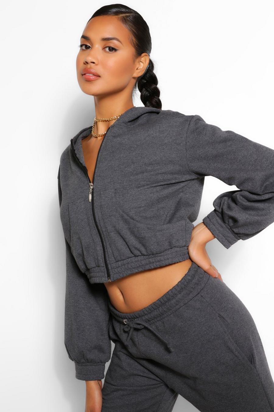 Charcoal Mix And Match Pocket Detail Crop Hoodie image number 1