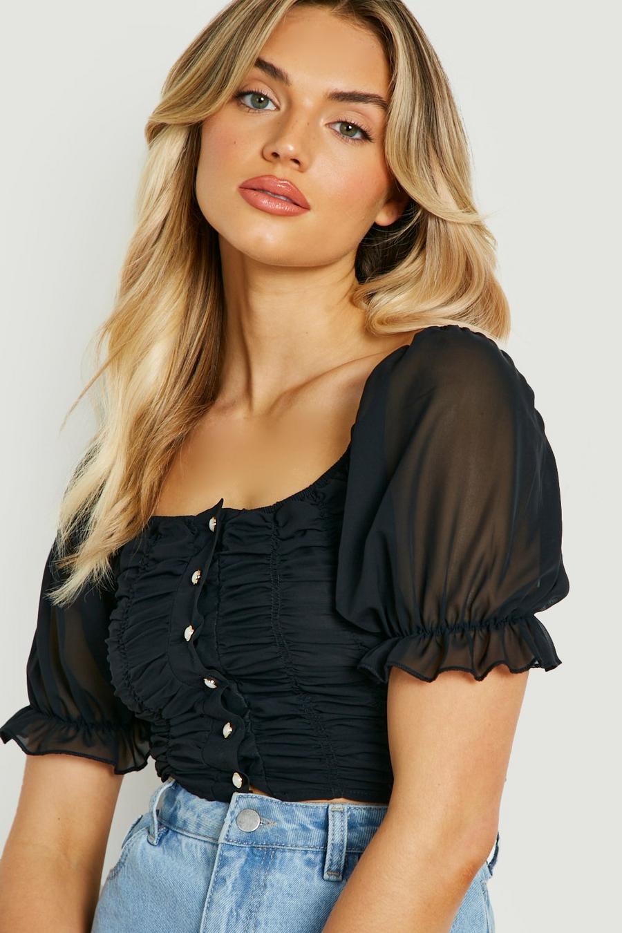 Black RUCHED FRONT WOVEN PUFF SLEEVE BLOUSE image number 1