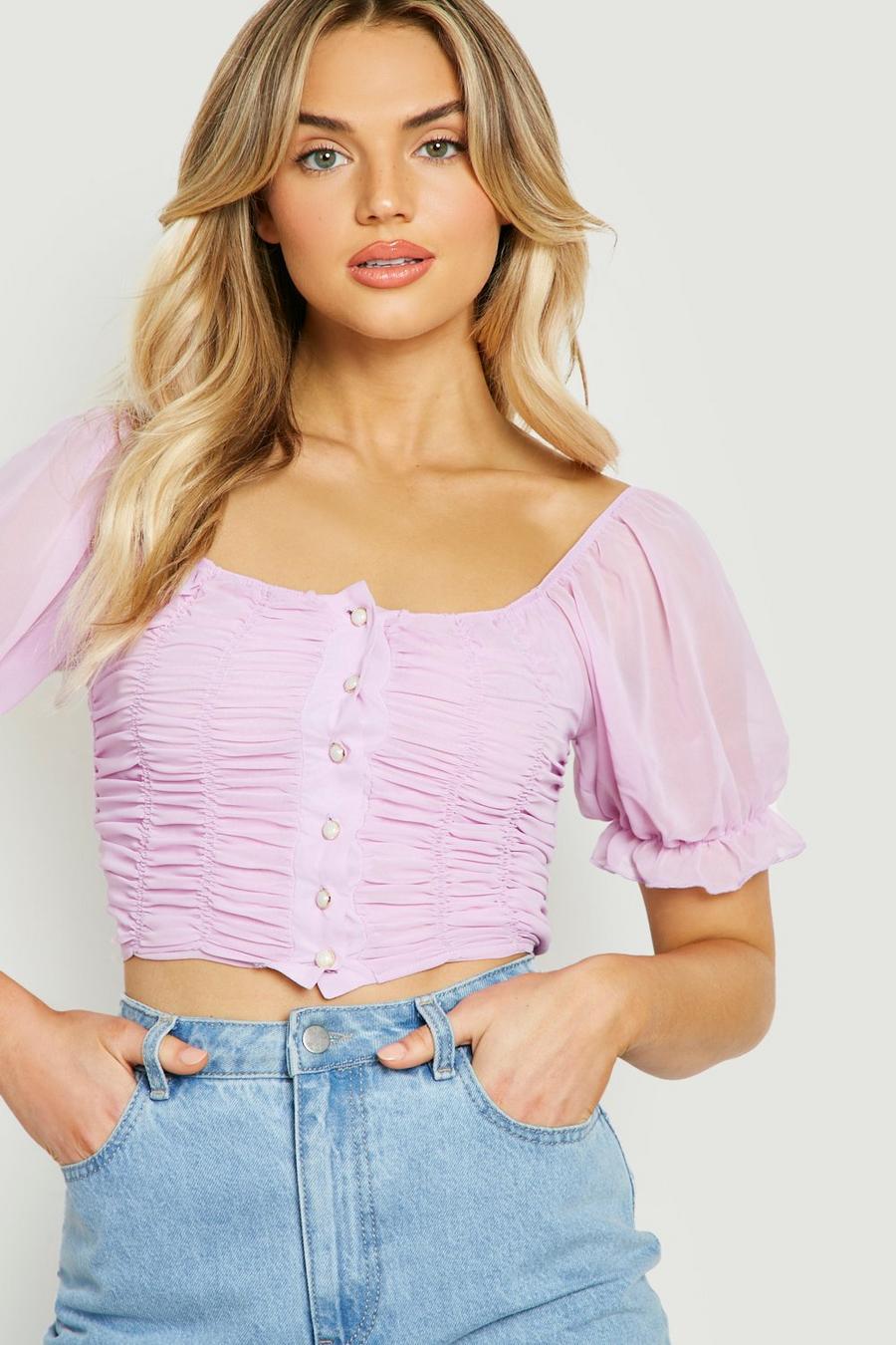 Lilac RUCHED FRONT WOVEN PUFF SLEEVE BLOUSE image number 1