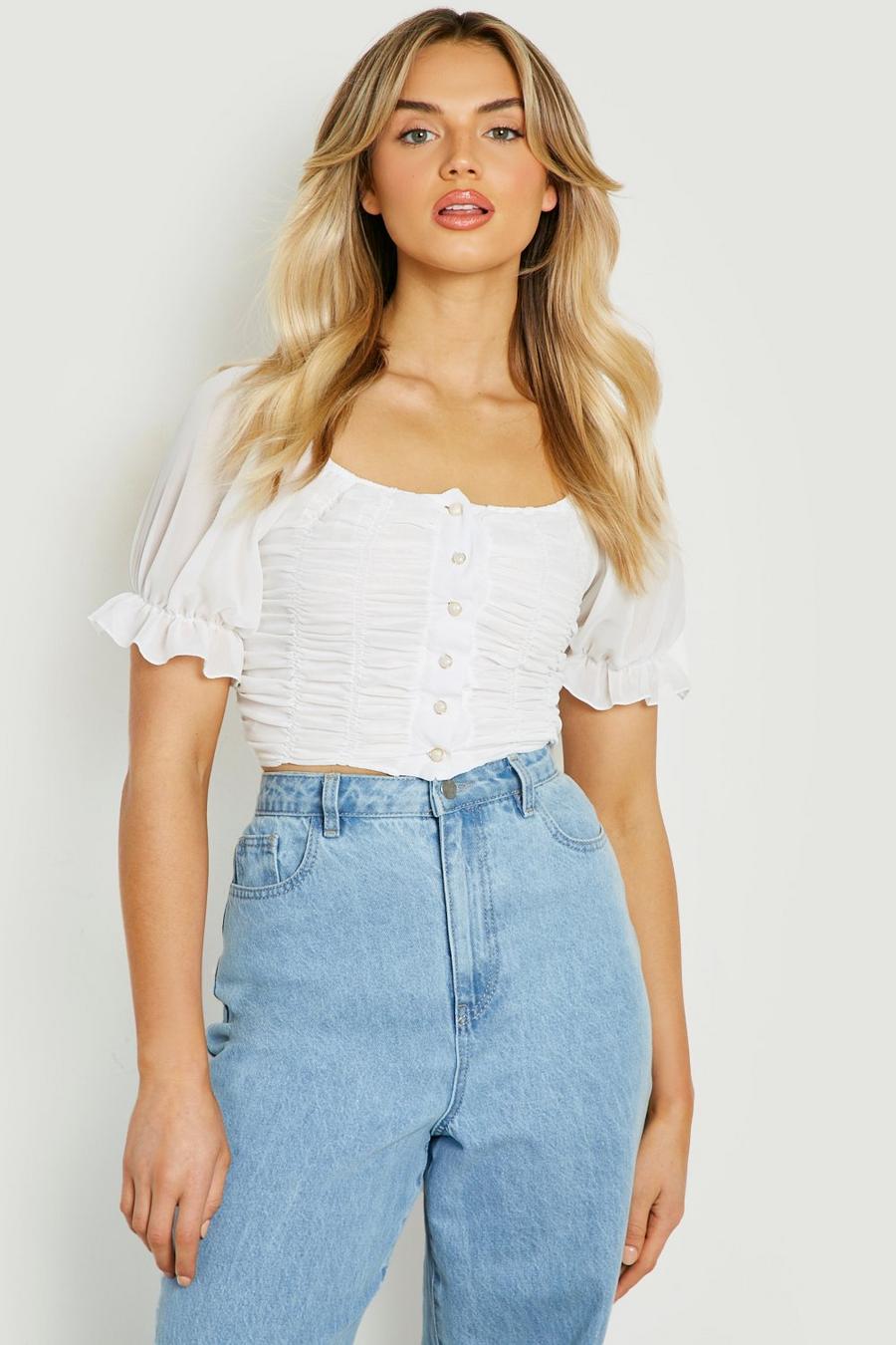 White RUCHED FRONT WOVEN PUFF SLEEVE BLOUSE image number 1