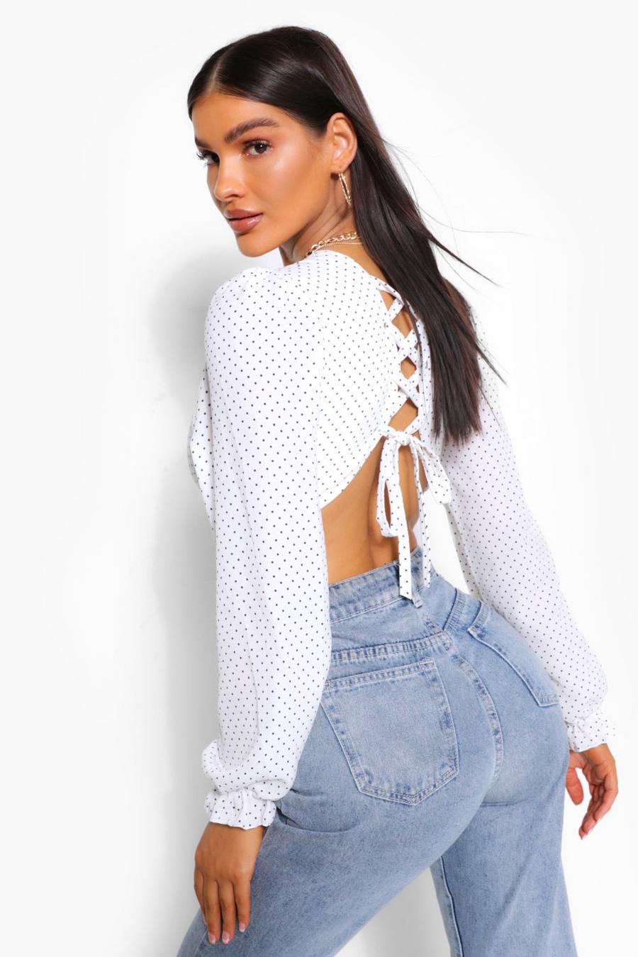 SPOT PRINT LACE UP BACK WOVEN CROP TOP image number 1