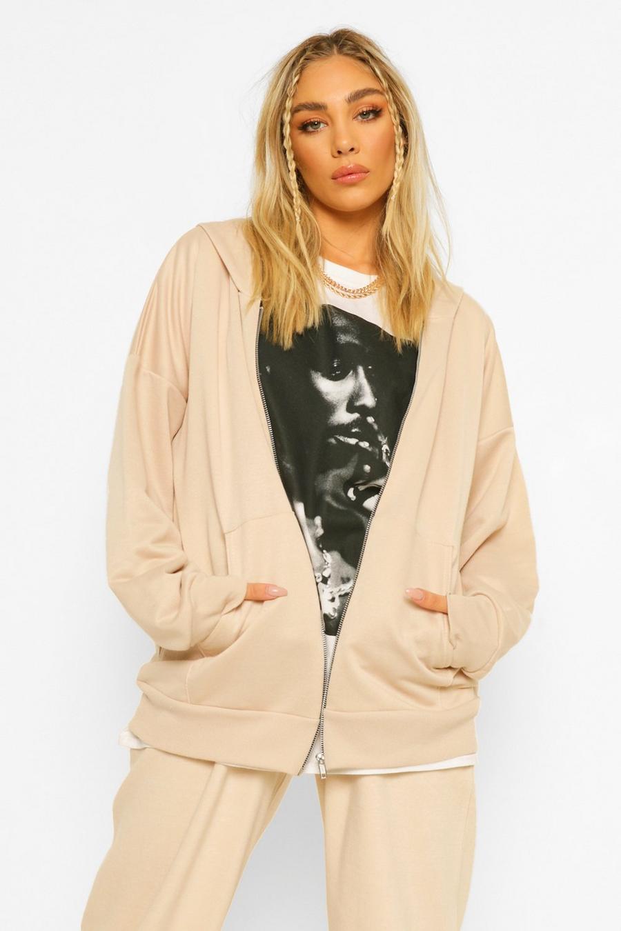 Sand beige Basic Oversize hoodie med dragkedja image number 1