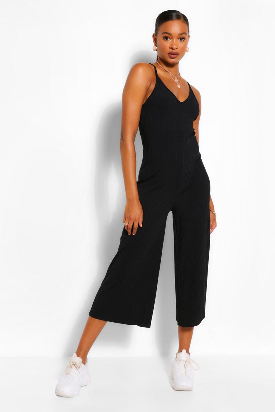 Black Ribbed Strappy Culotte Jumpsuit image number 1