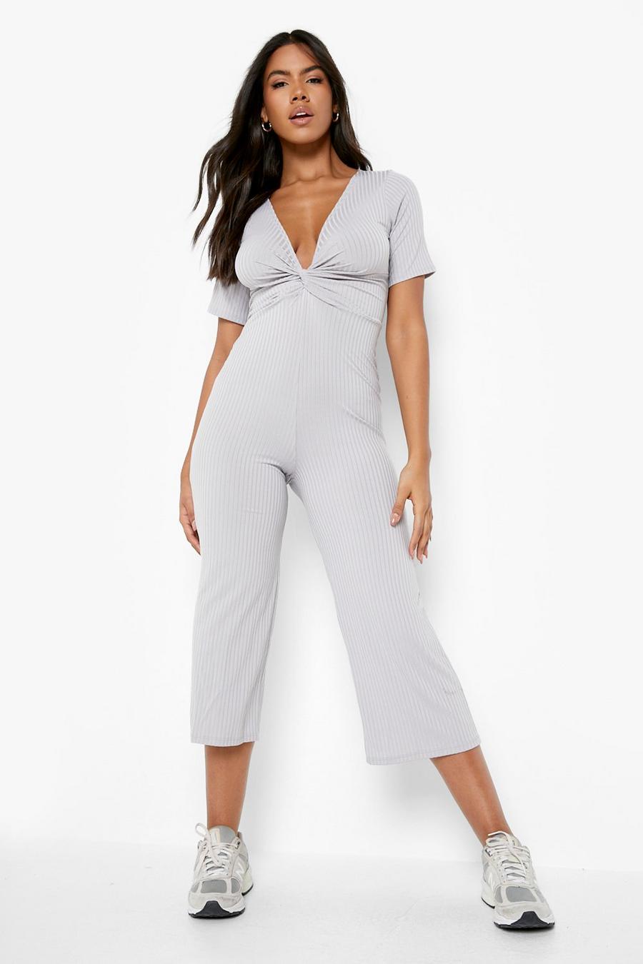 Grey Ribbed Twist Front Culotte Jumpsuit image number 1