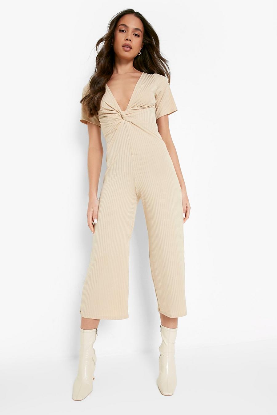 Stone Ribbed Twist Front Culotte Jumpsuit image number 1