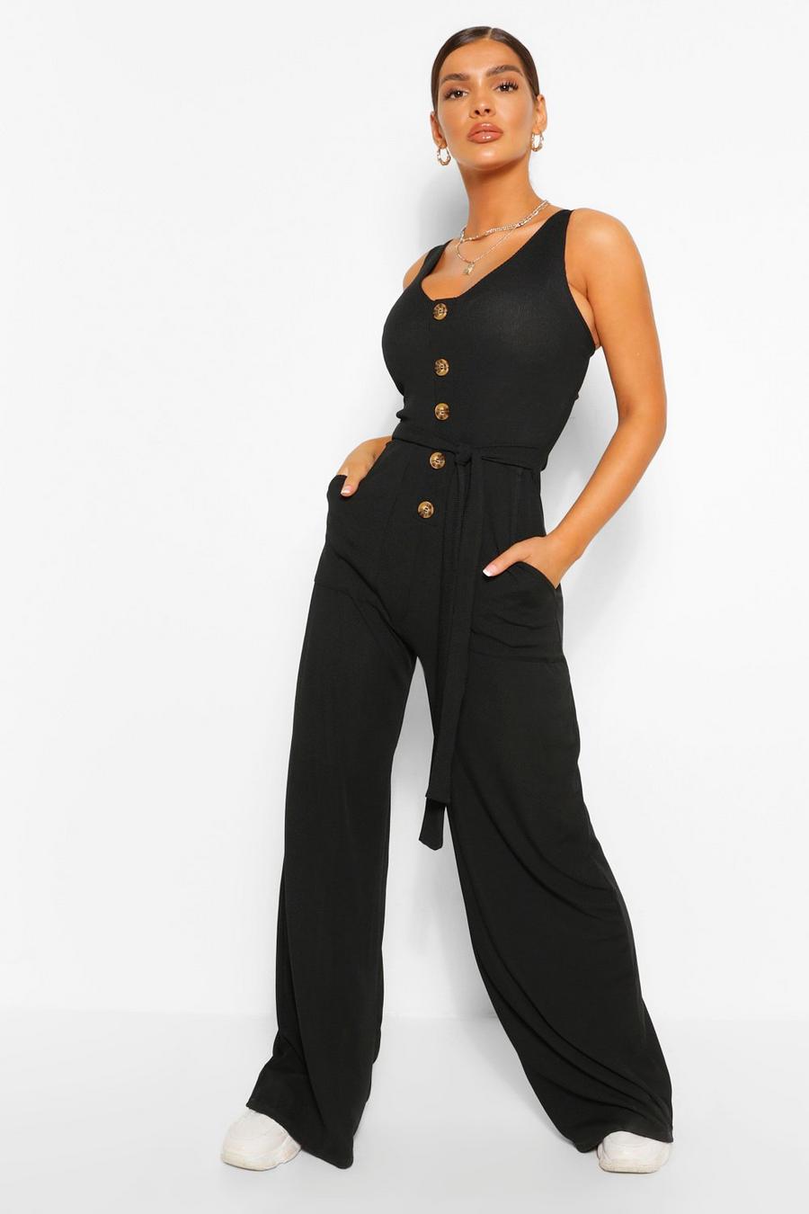 Black negro Horn Button Ribbed Tie Belted Jumpsuit