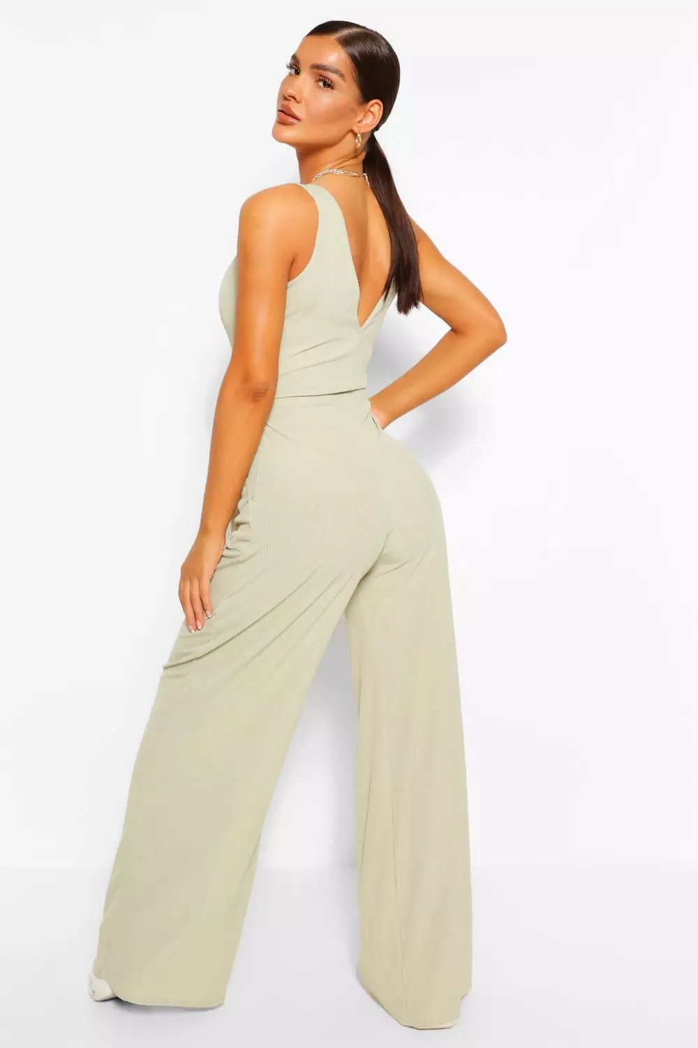 Horn Button Ribbed Tie Belted Jumpsuit