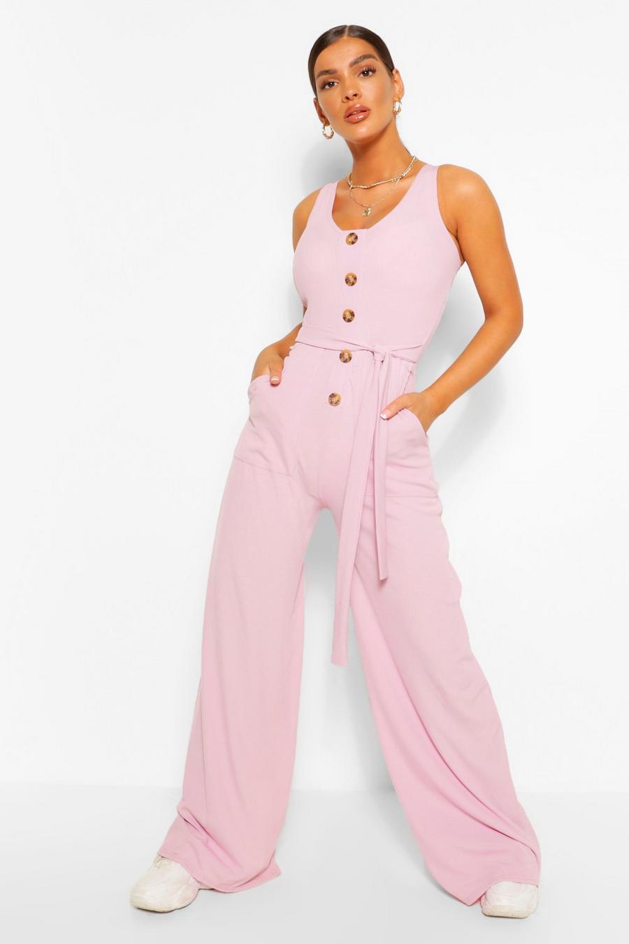 Lilac Horn Button Ribbed Tie Belted Jumpsuit image number 1