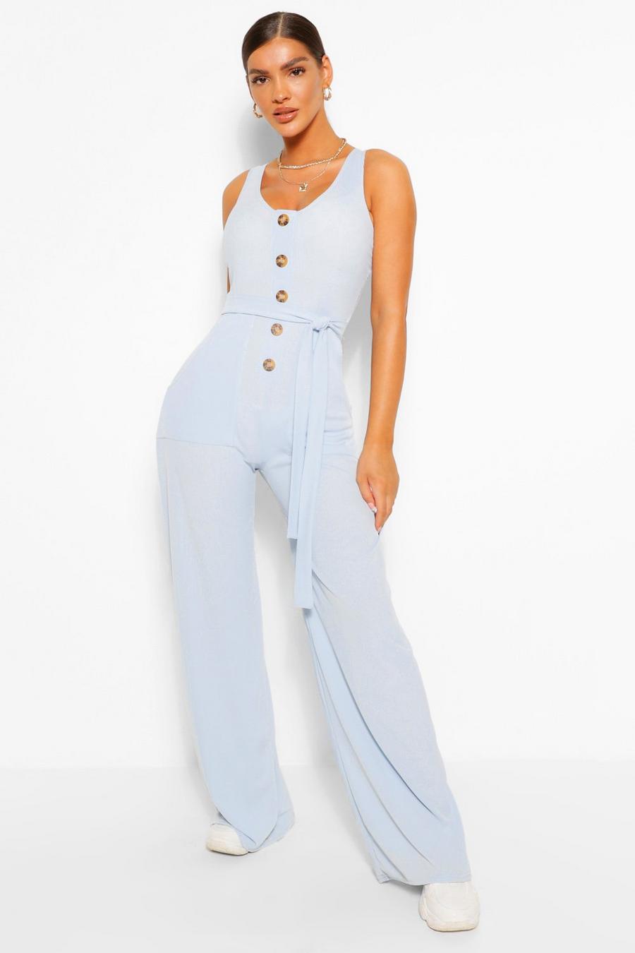 Pale blue Horn Button Ribbed Tie Belted Jumpsuit image number 1