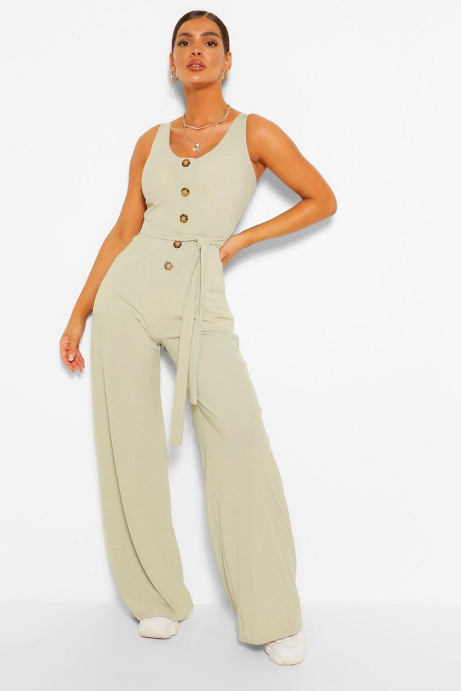 Sage green Horn Button Ribbed Tie Belted Jumpsuit