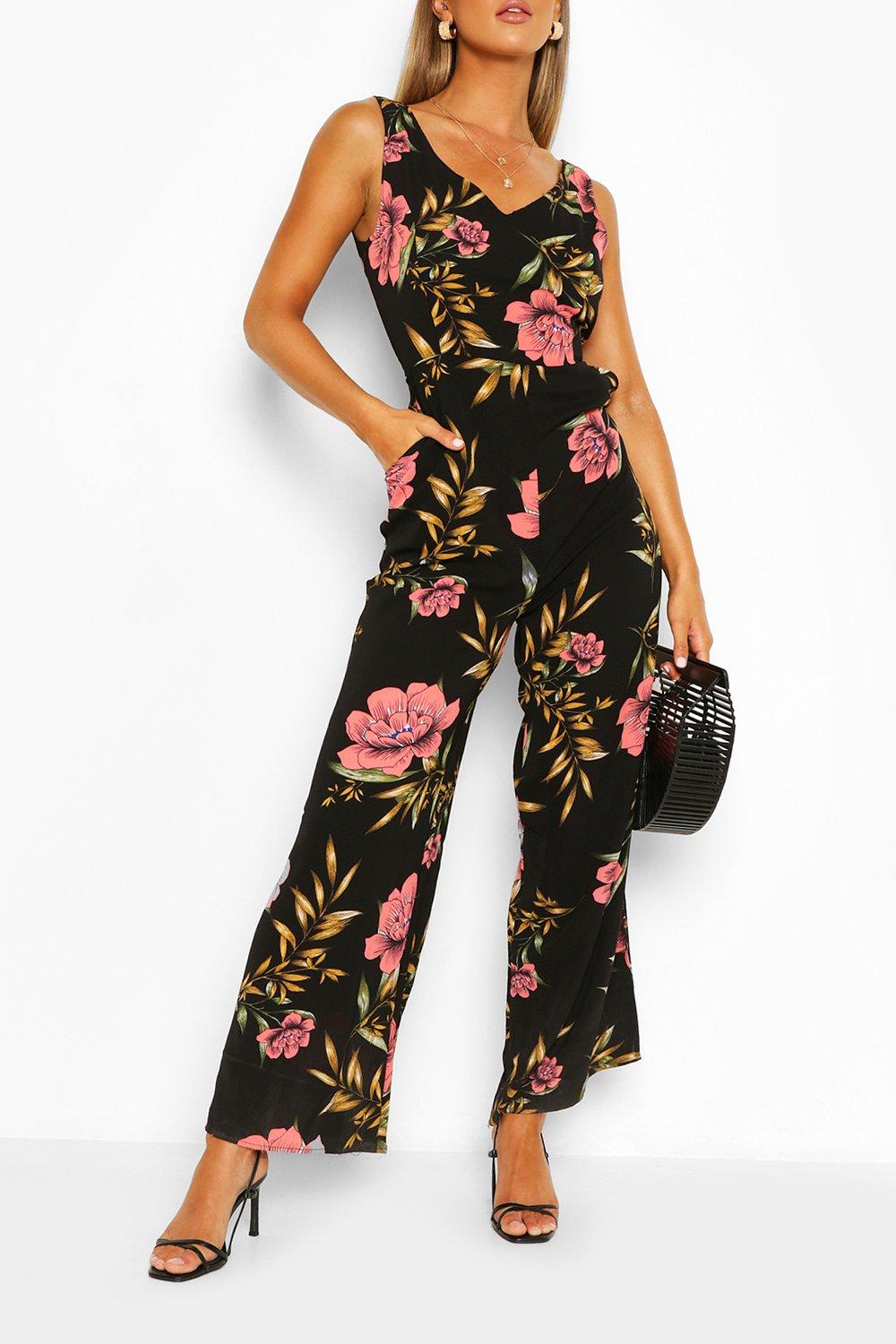 Floral Print Split Hem Sleeveless Jumpsuit