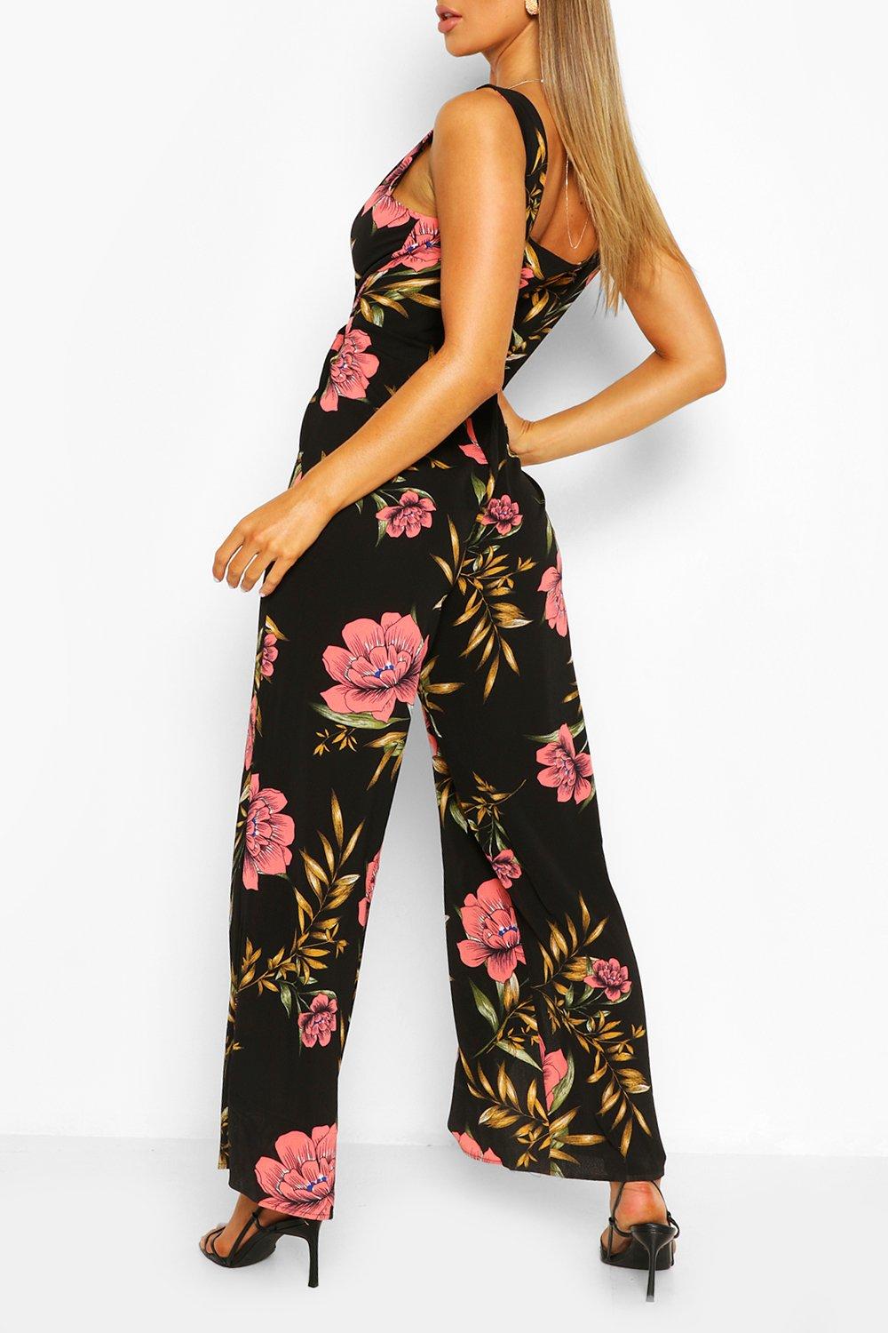 Floral Print Split Hem Sleeveless Jumpsuit