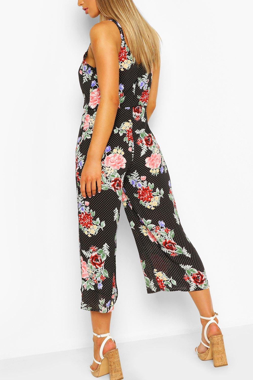 Women's Floral Polka Dot Strappy Culotte Jumpsuit