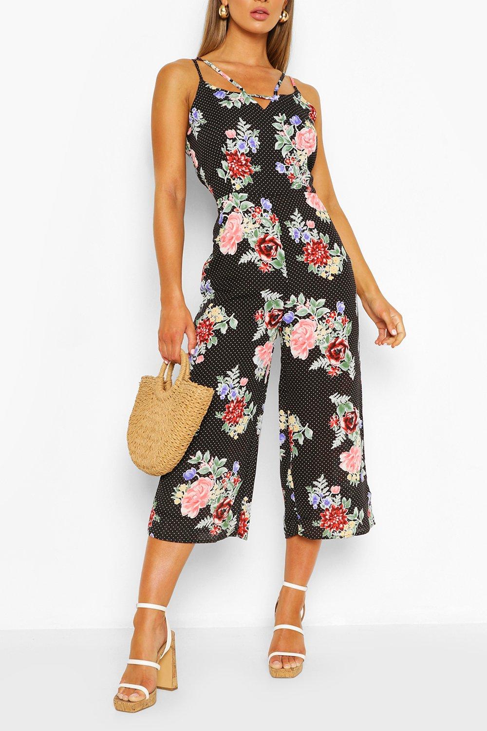 Floral Polka Dot Strappy Culotte Jumpsuit