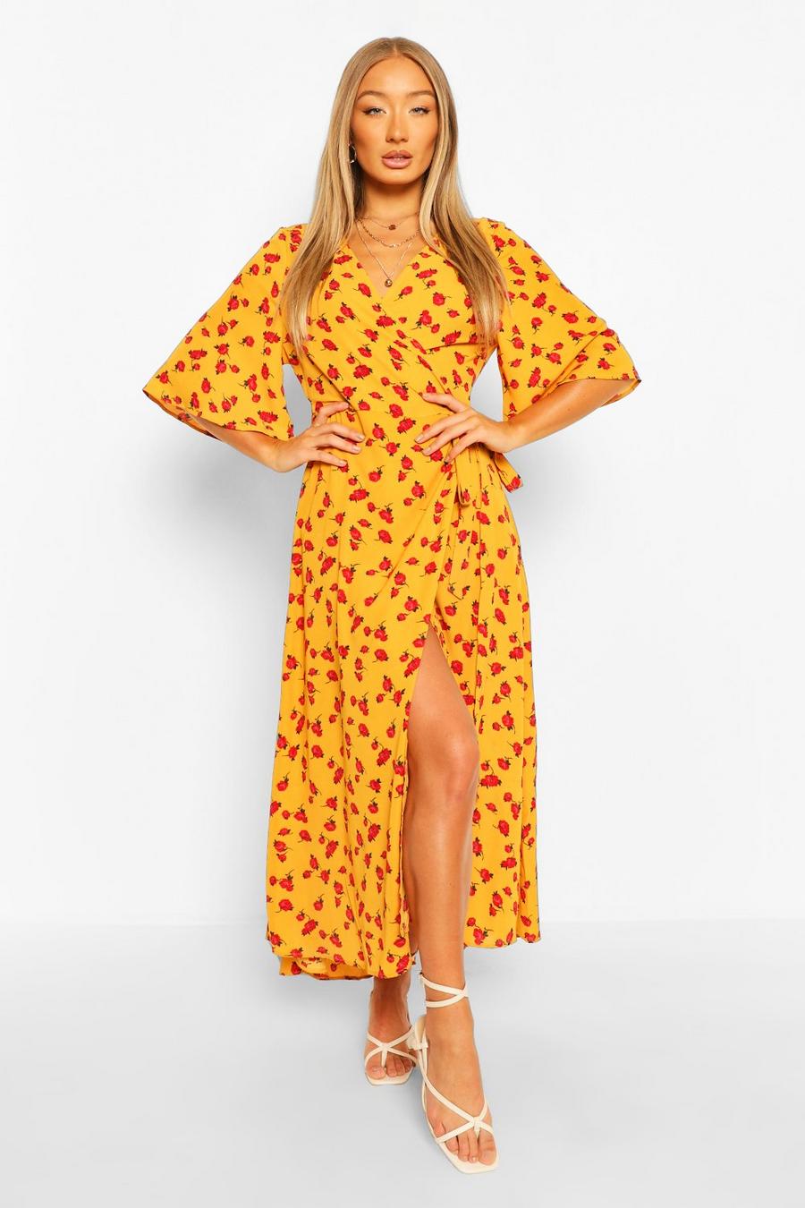 Yellow Floral Print Wrap Midaxi Dress image number 1