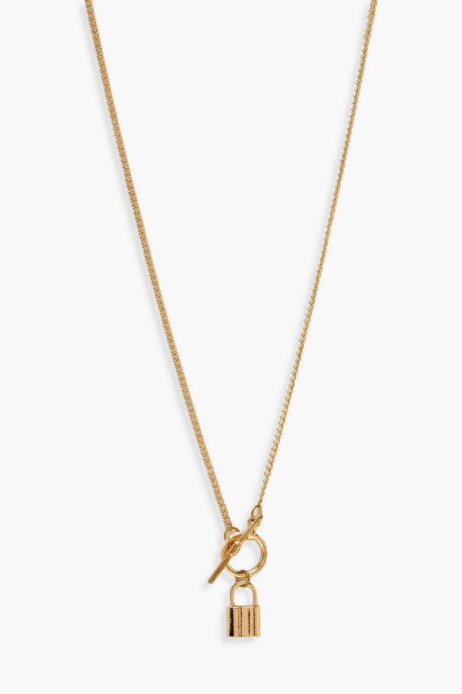 Gold T-Bar & Lock Pendant Necklace image number 1