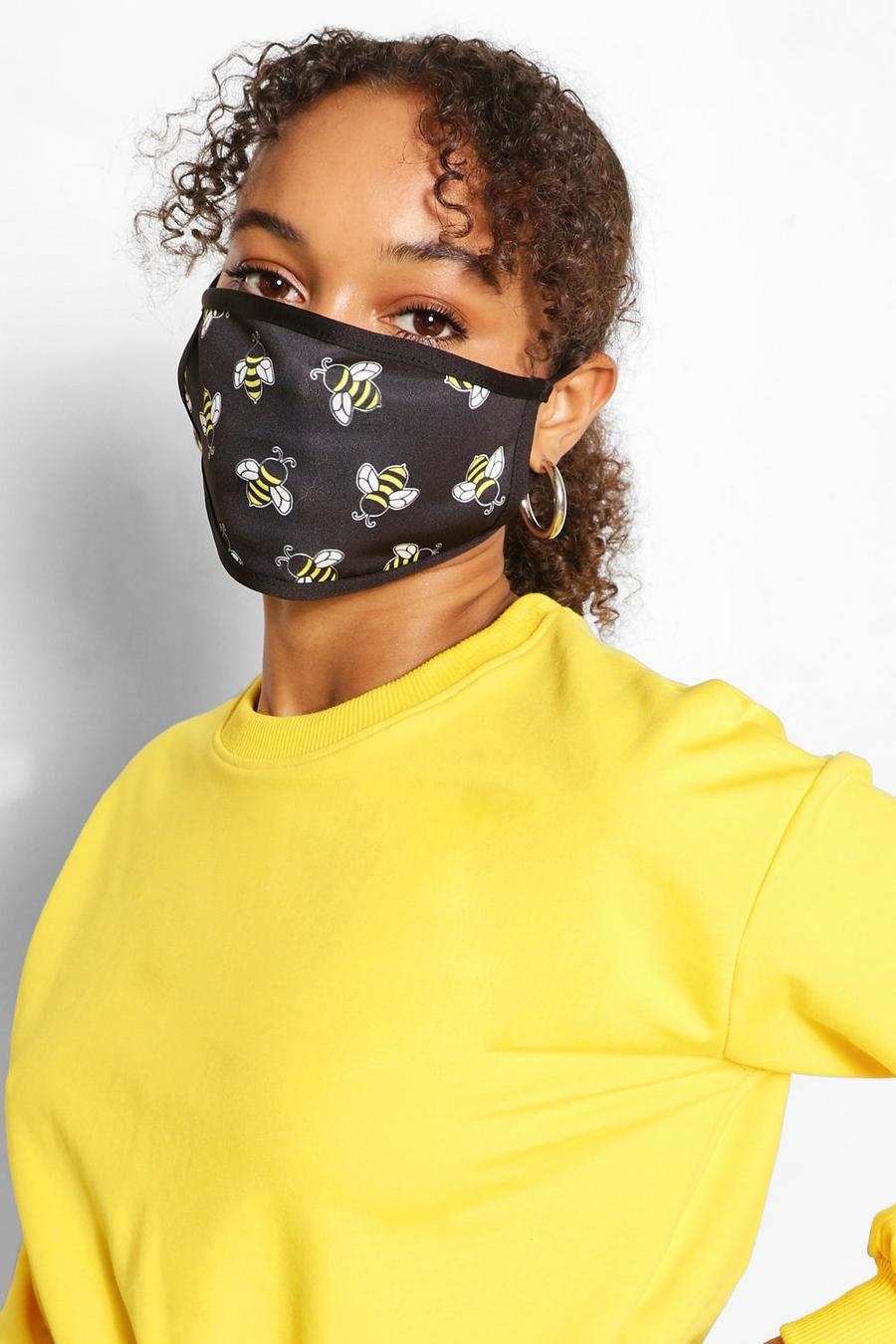 Mascherina alla moda per il viso con stampa di api, Bianco image number 1