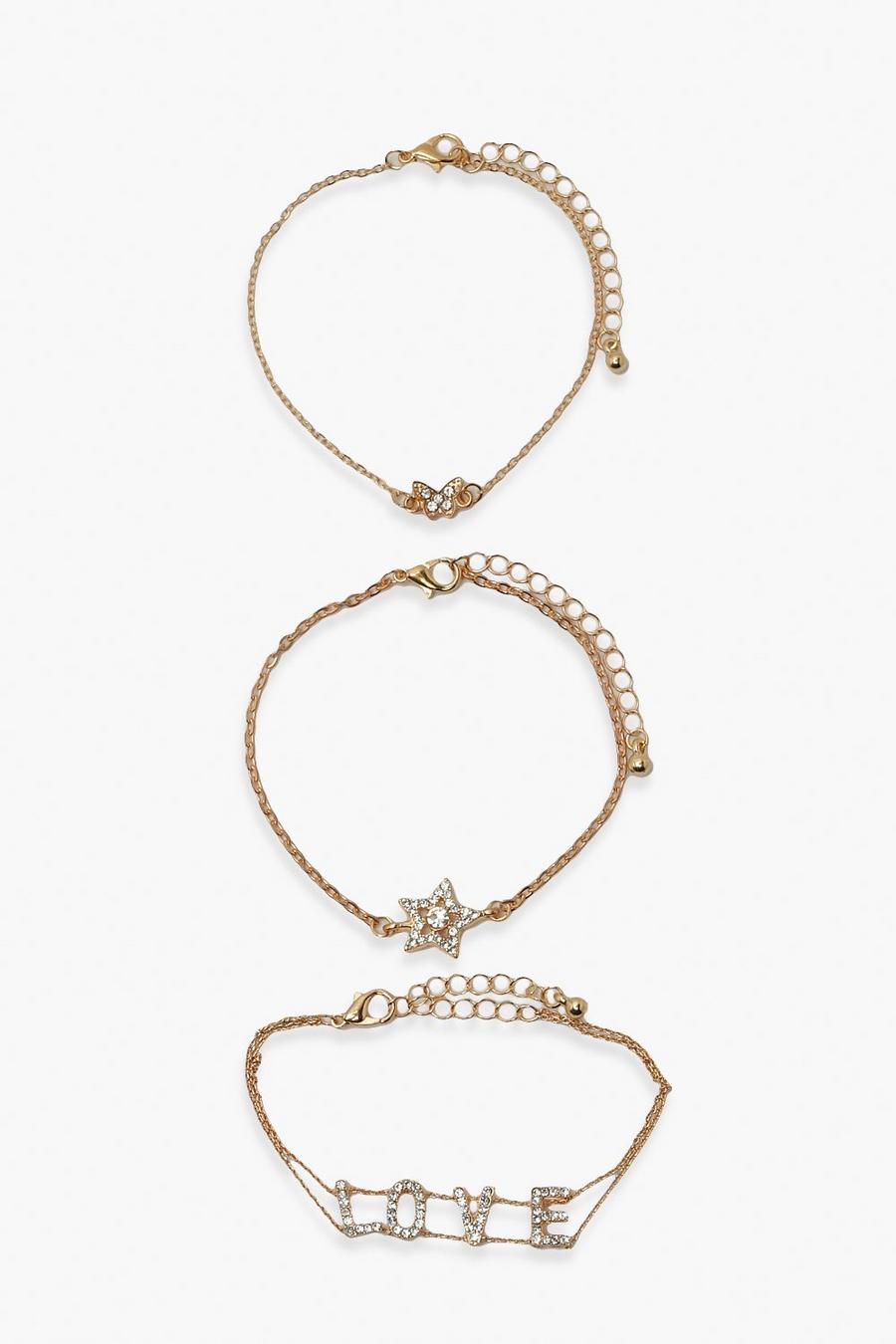 Gold Love Slogan Diamante Bracelet 3 Pack image number 1
