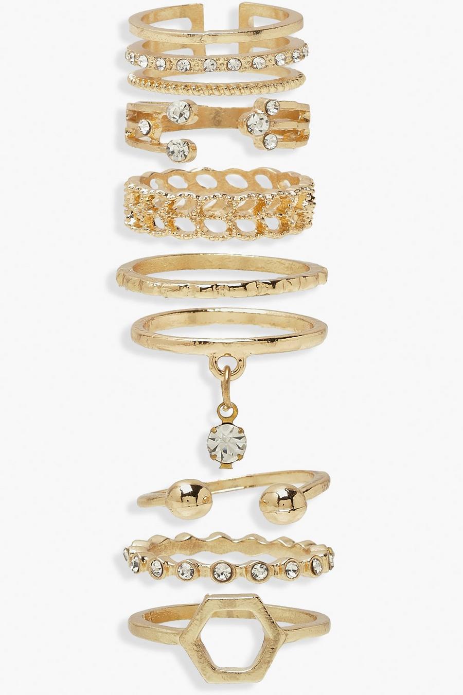 Gold Diamante and Mixed Shape Stacking Ring Pack image number 1