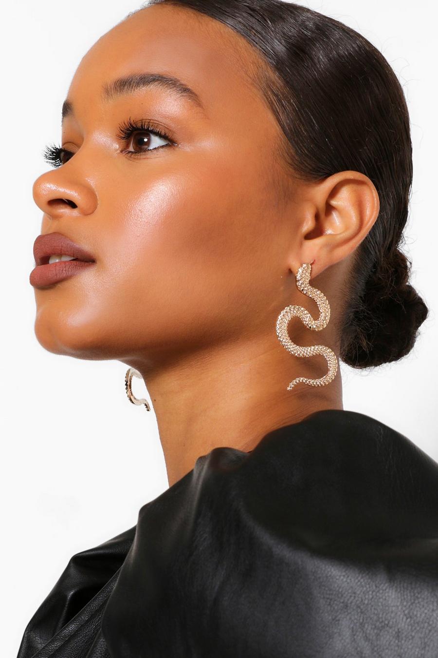Gold metallic Textured Snake Statement Earrings image number 1
