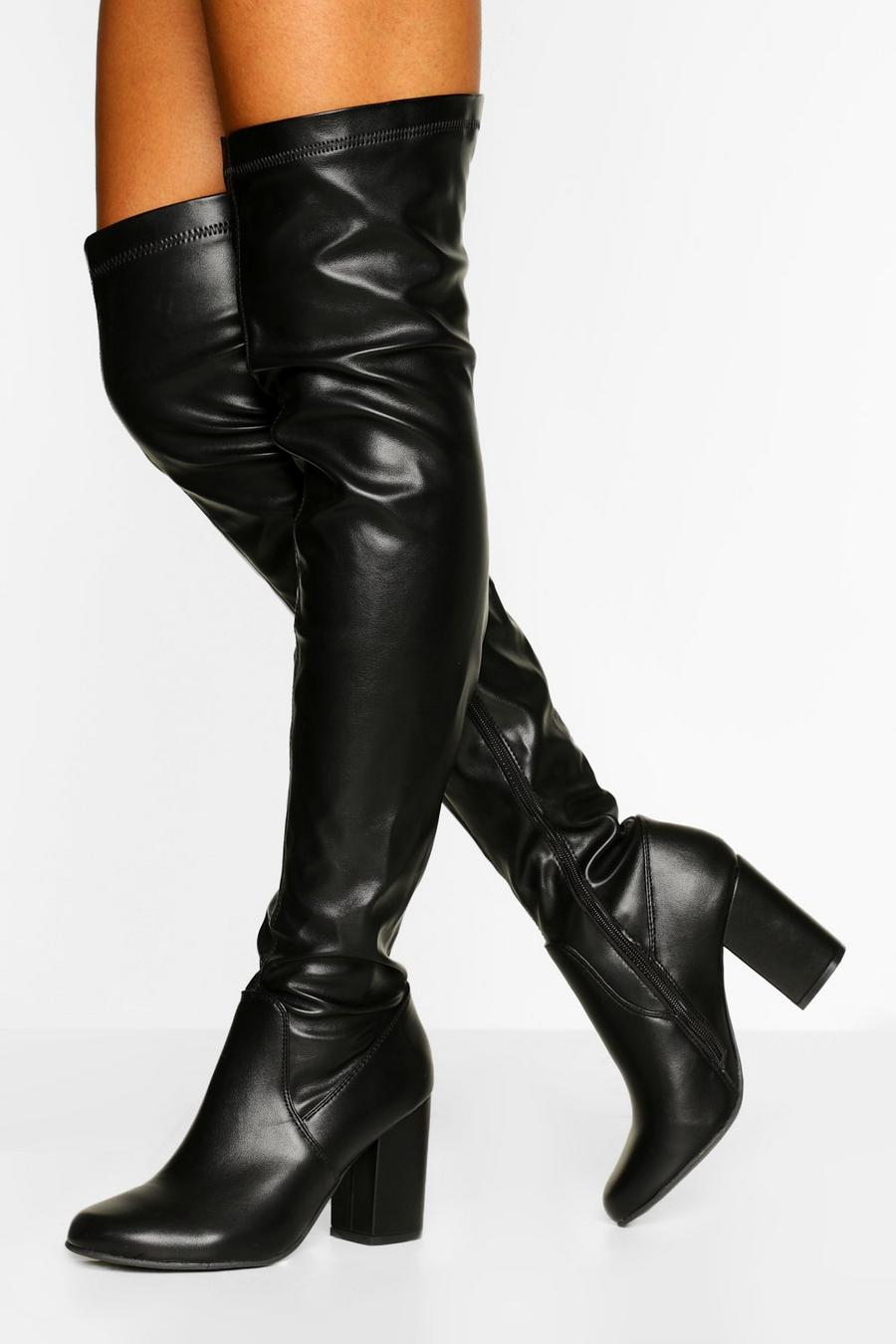 Overknee-Stiefel mit breiteren Waden und Blockabsatz, Schwarz black