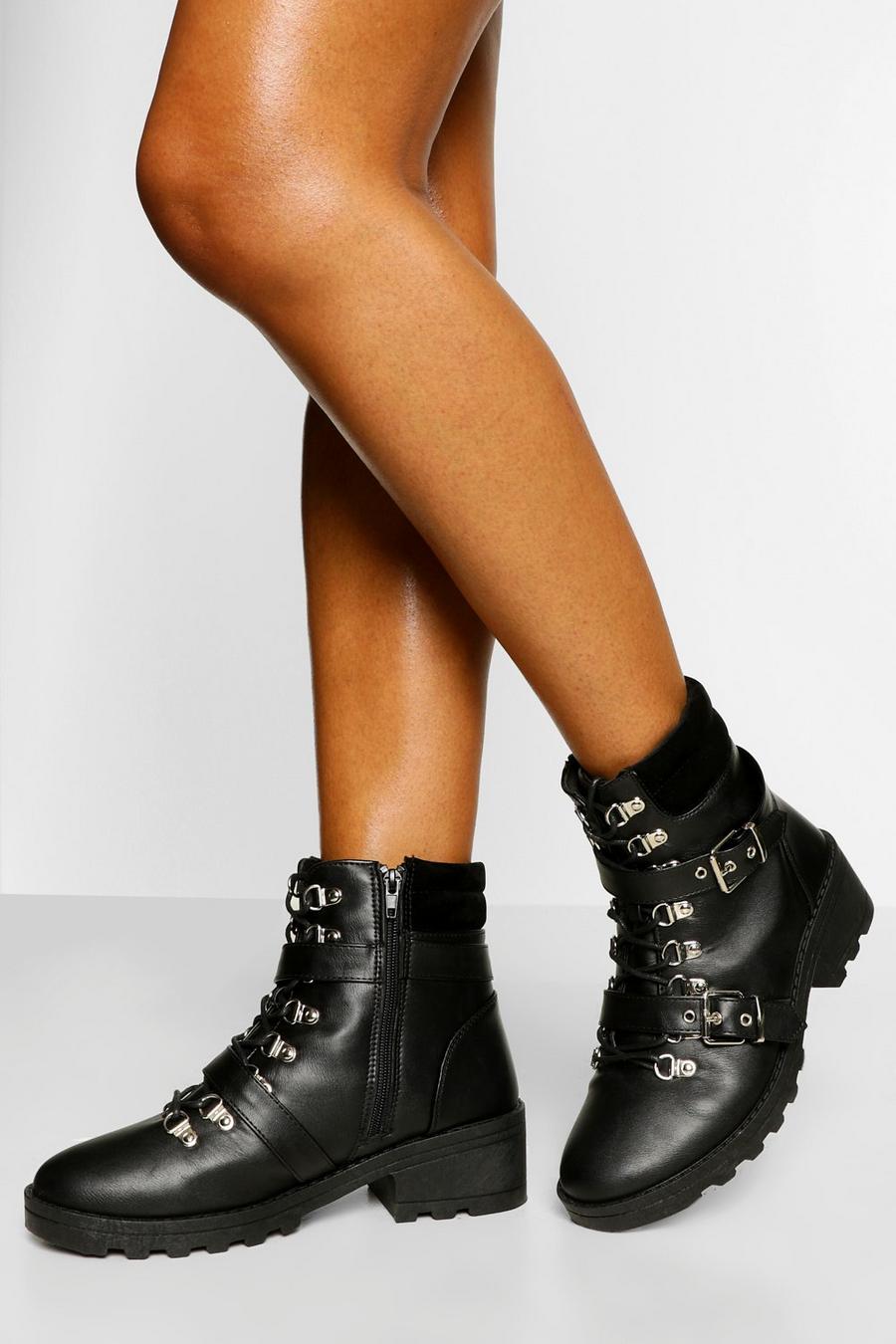 Black Wide Fit Buckle Detail Lace Up Hiker Boots image number 1
