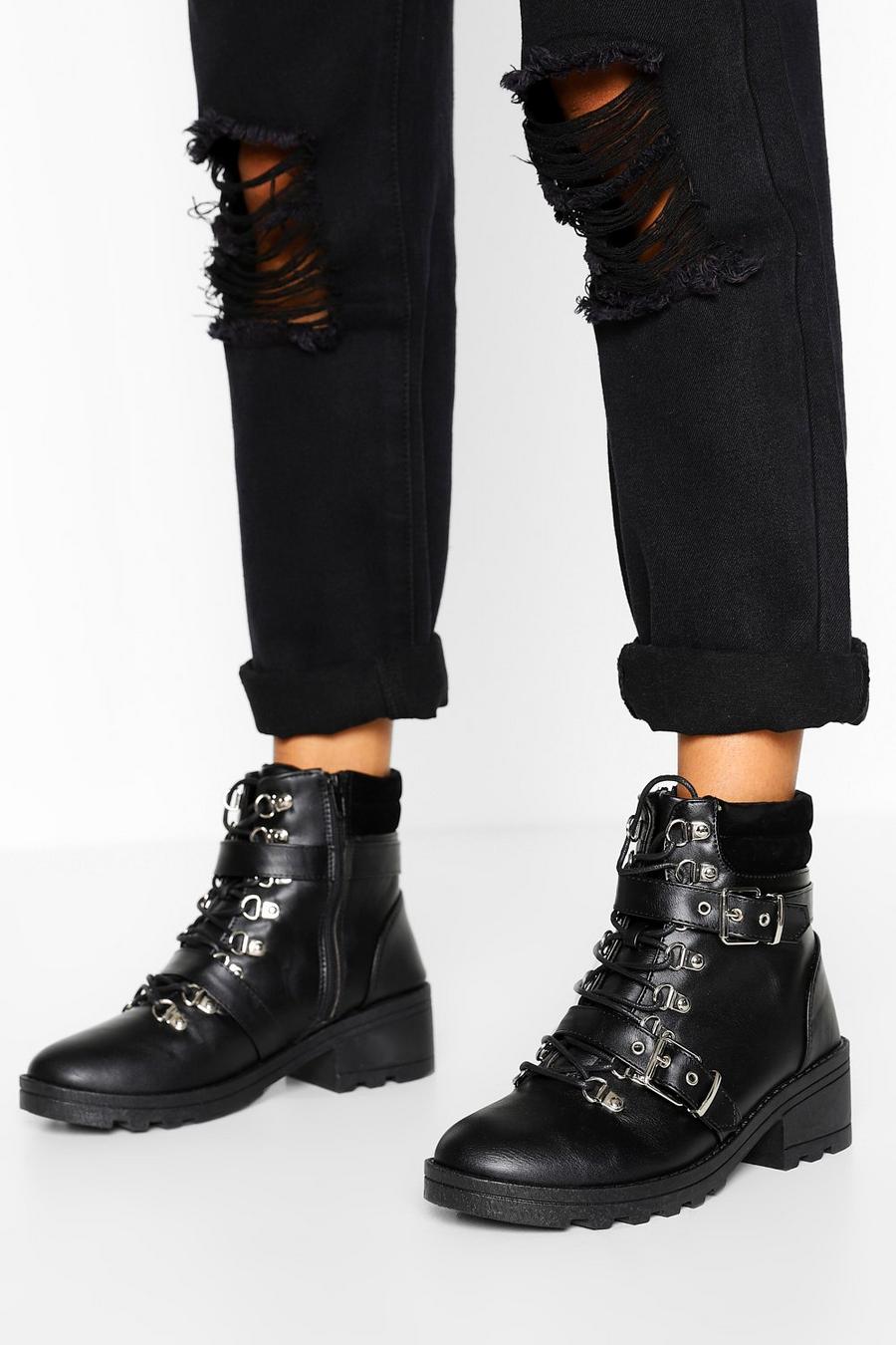 Black Buckle Detail Lace Up Chunky Combat Boots image number 1
