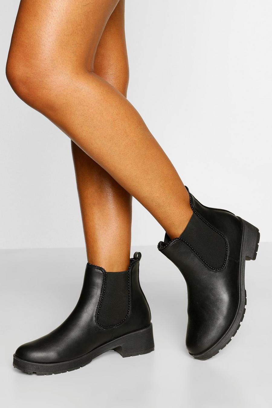 Black Wide Fit Stud Detail Chunky Chelsea Boot image number 1