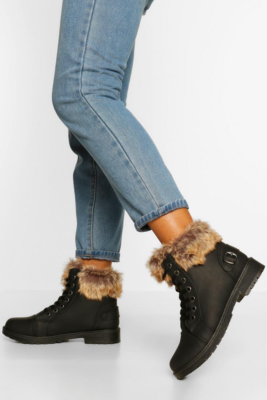 Black Fur Cuff Detail Lace Up Combat Boots image number 1