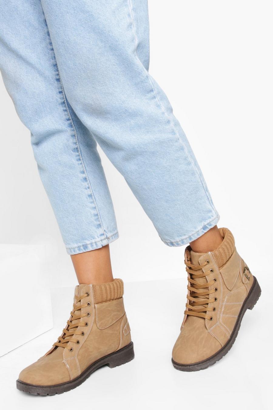 Tan Fur Cuff Detail Lace Up Combat Boots image number 1
