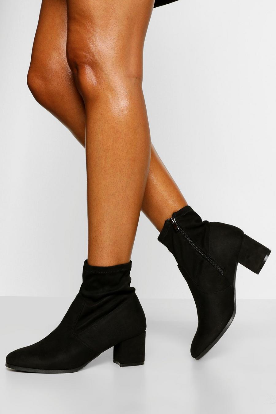 Black svart Wide Fit Low Block Heel Sock Boots