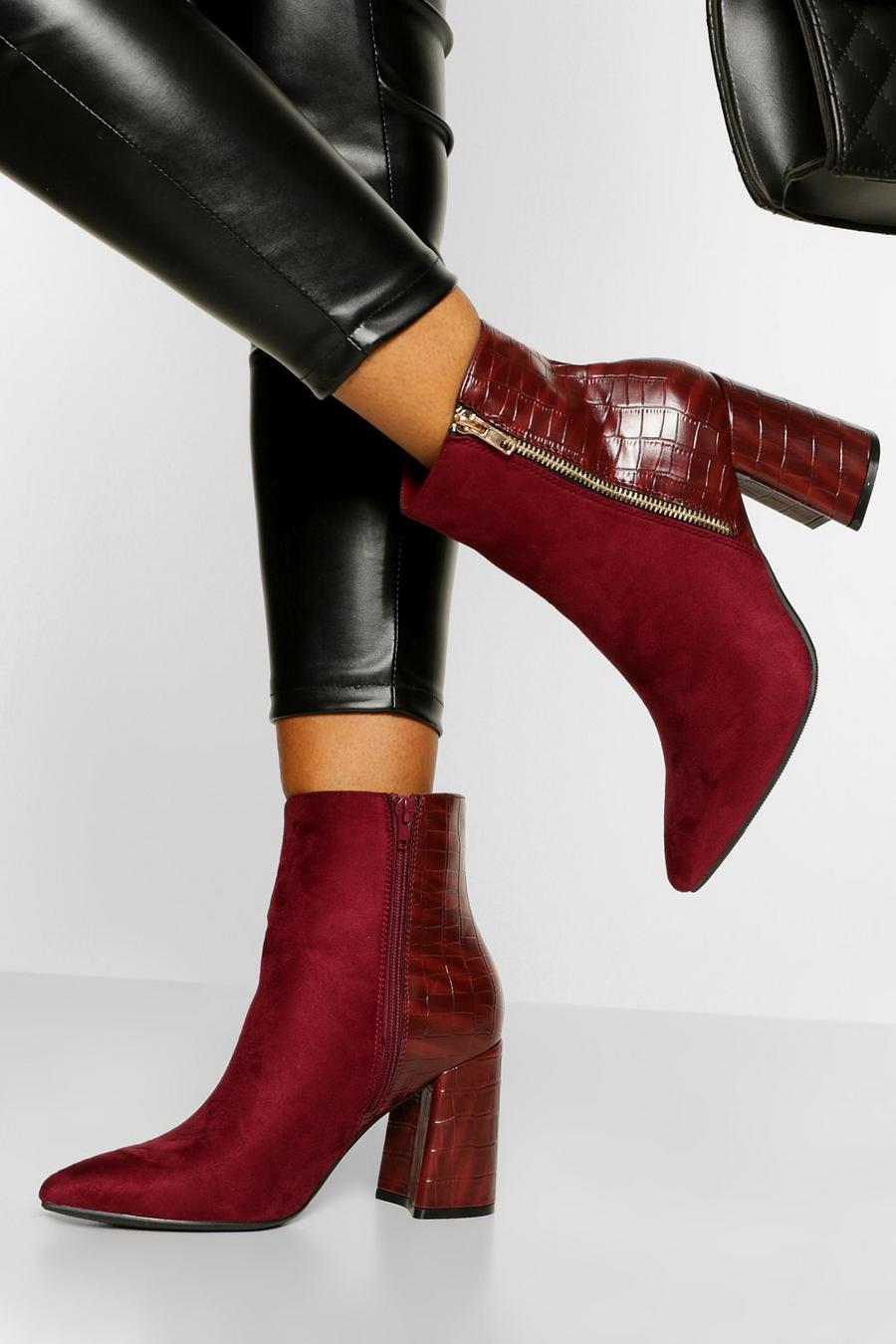 Burgundy red Zip Side Block Heel Shoe Boots