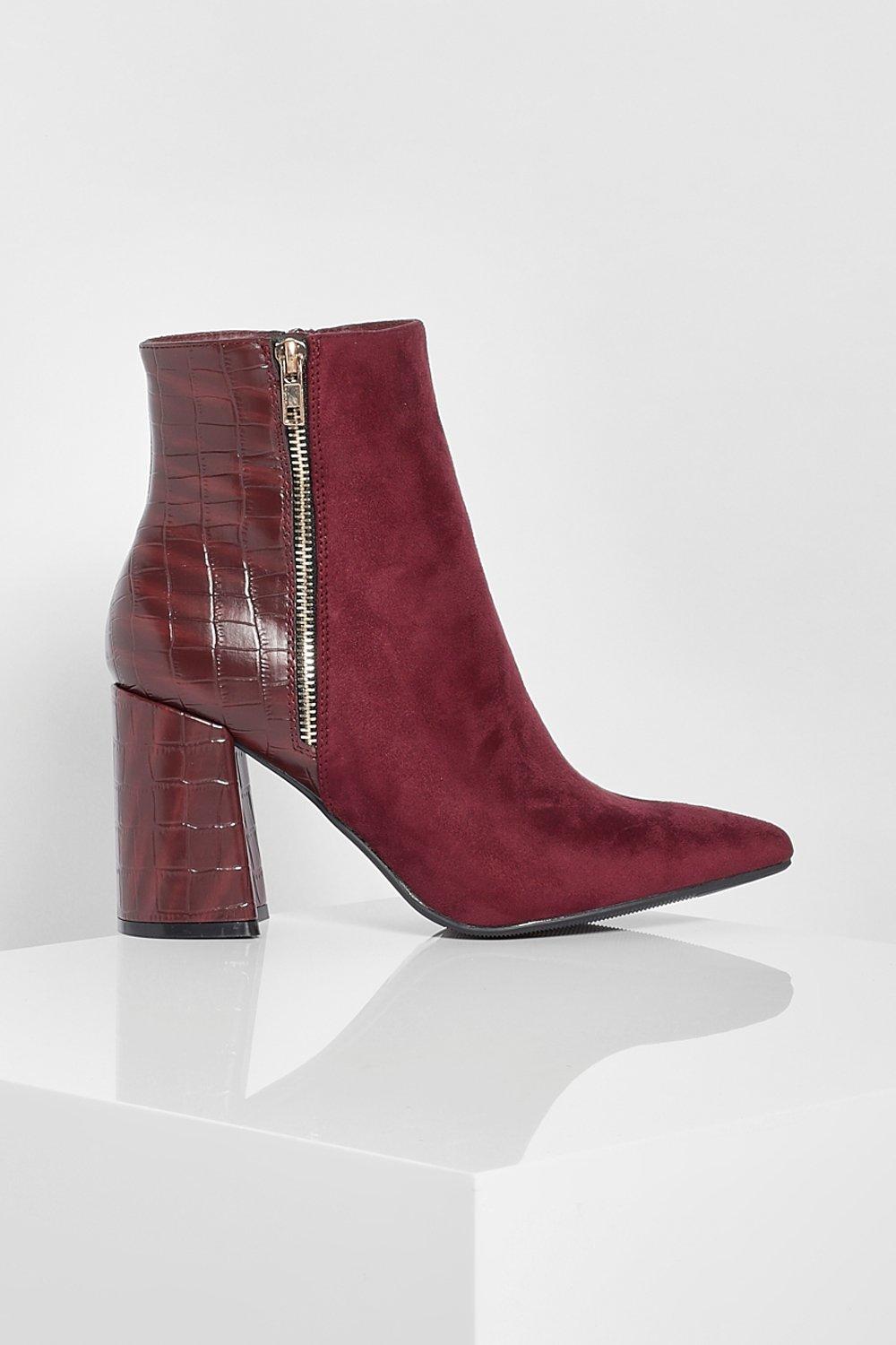 Boohoo Zip Side Block Heel Shoe Boots in Burgundy Womens Shoes Boots Heel and high heel boots Red 