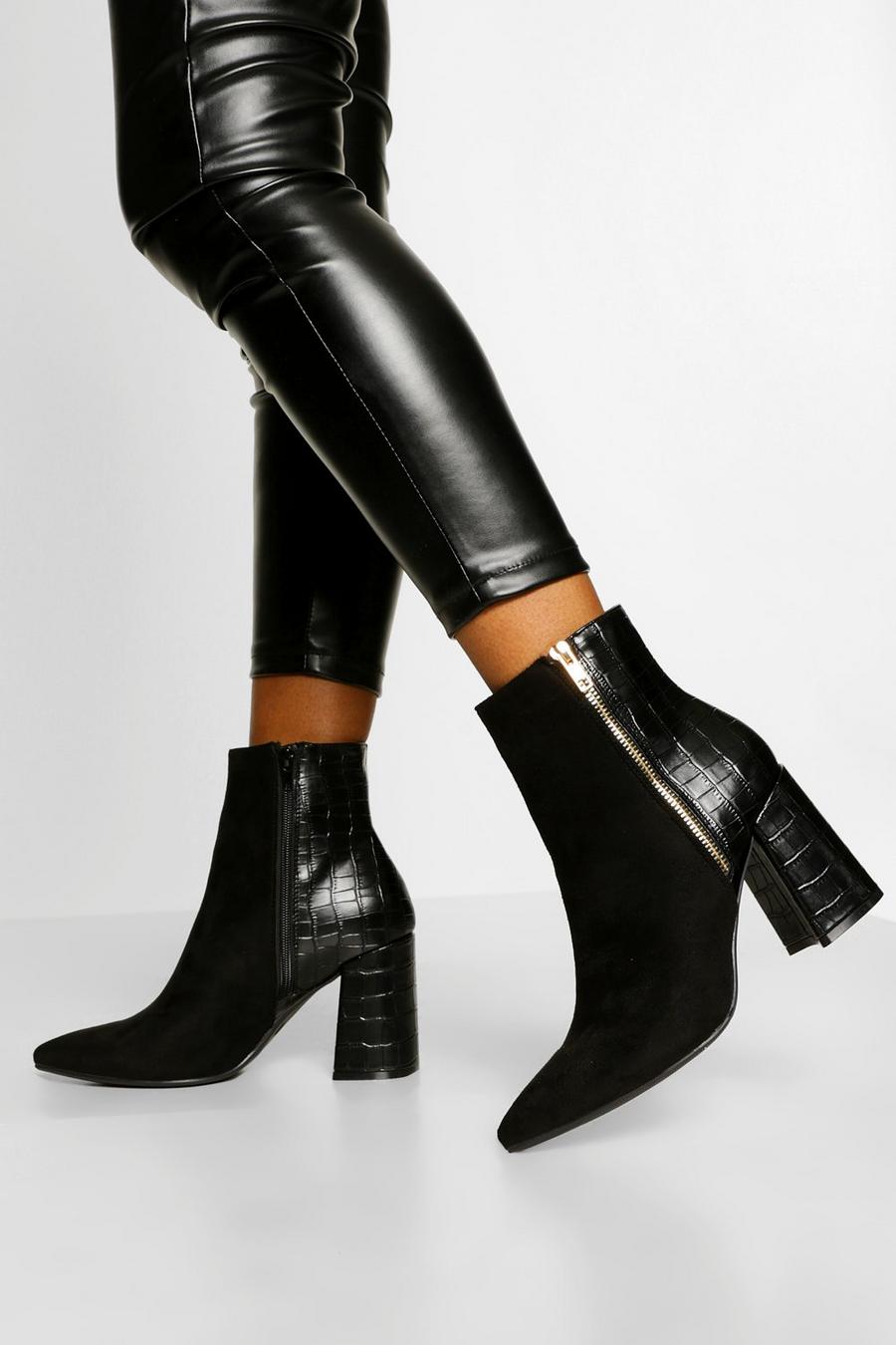 Black svart Zip Side Block Heel Shoe Boots