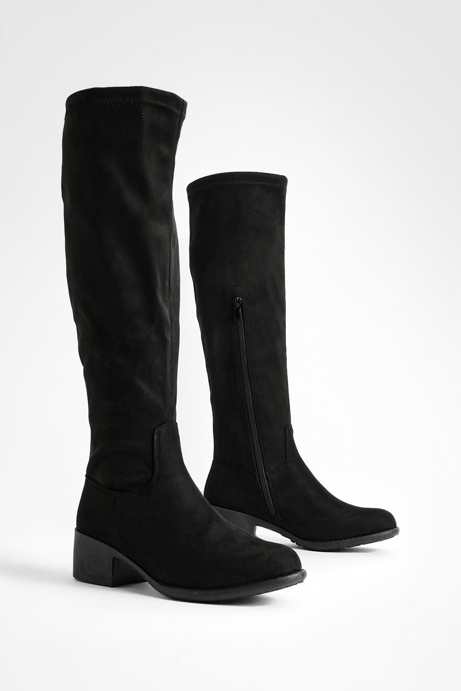 Black svart Wide Fit Flat Knee High Boots