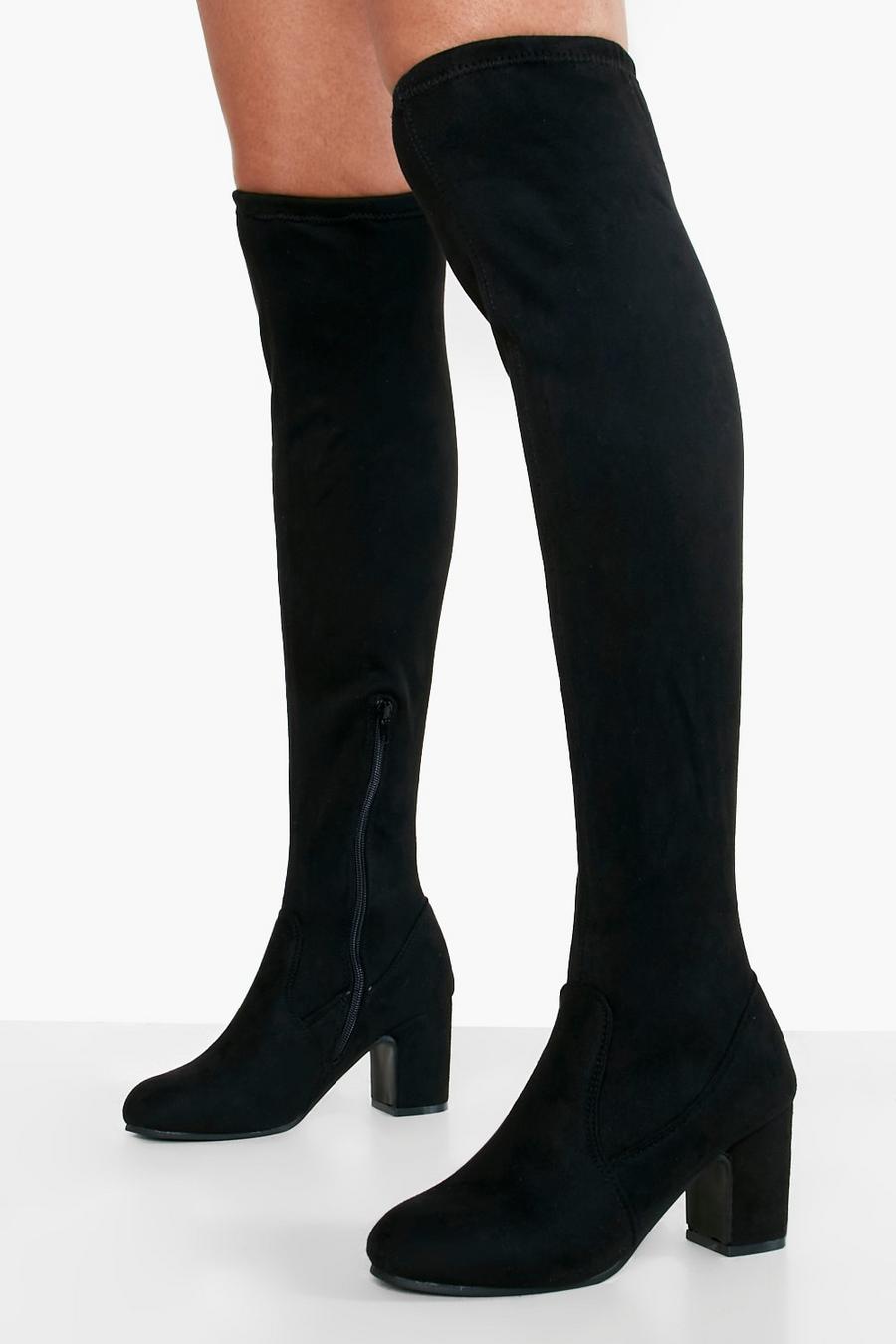Breite Passform Stretch Overknee-Stiefel mit Blockabsatz, Schwarz black