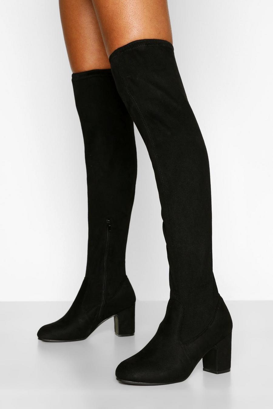 Overknee-Stiefel aus Stretch mit Blockabsatz, Schwarz noir