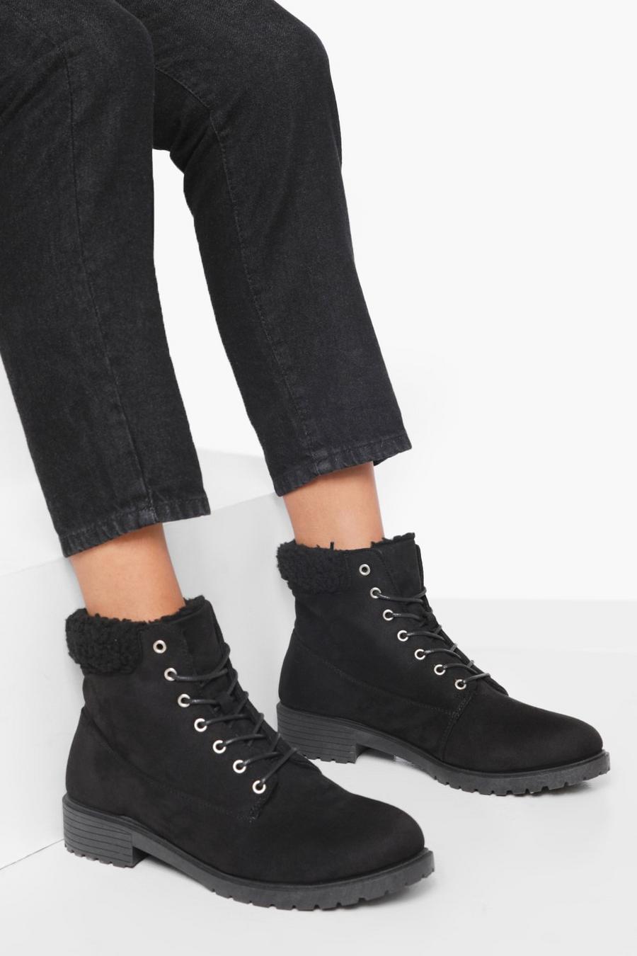 Black Wide Width Shearling Cuff Combat Boots image number 1