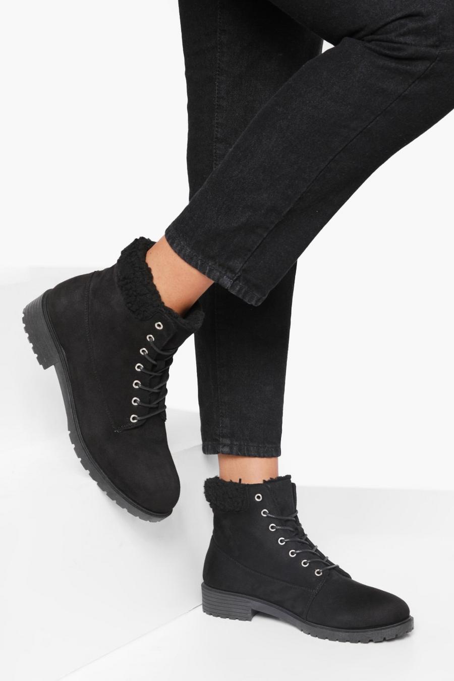 Black Shearling Cuff Combat Boots image number 1